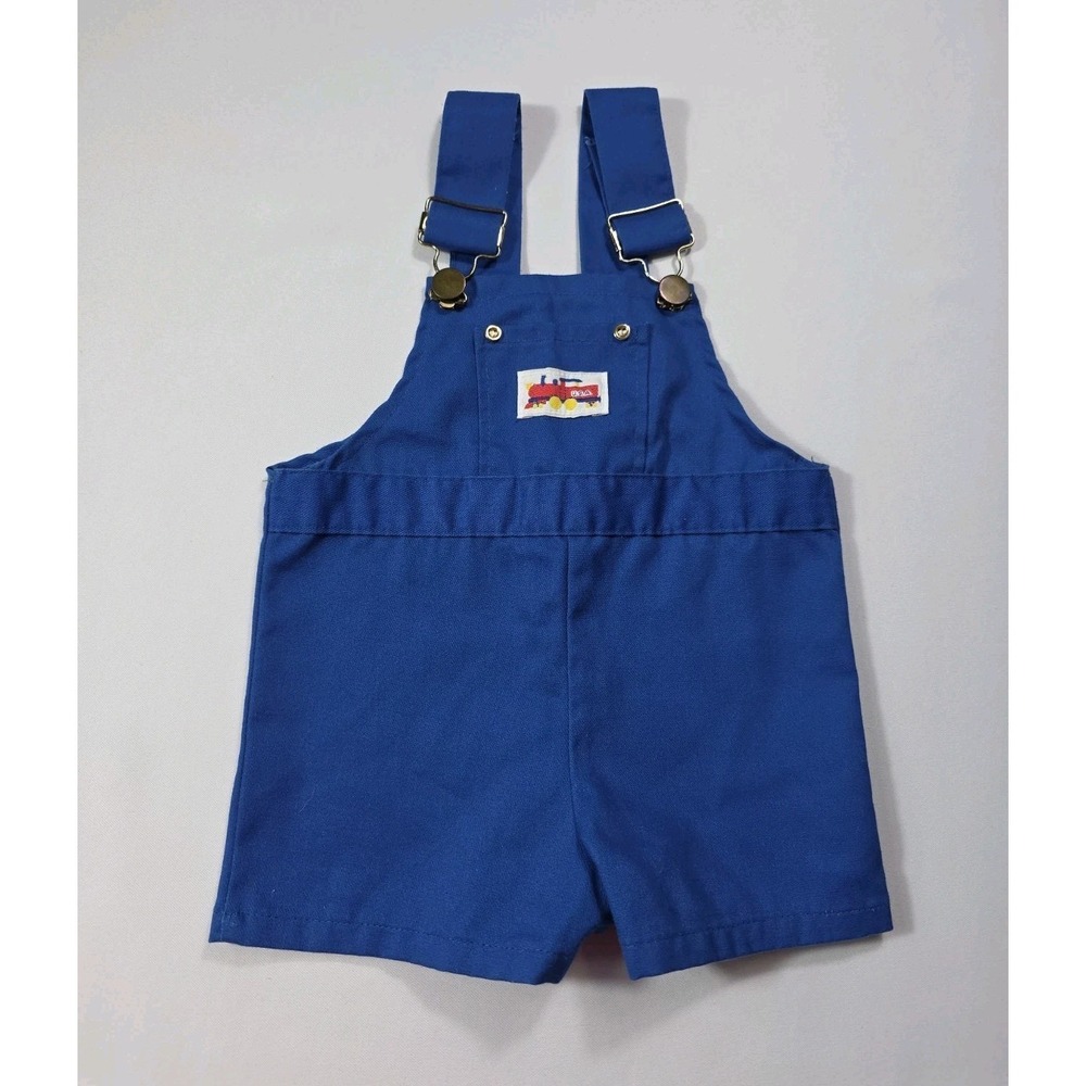 Vintage 80s 90s Stone Baby Short Overalls Train USA 24M Blue Romper